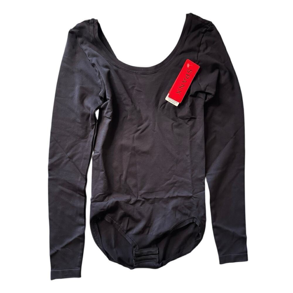 SPANX NEW Long Sleeve Bodysuit Black Small Scoop Neck Shapewear Slimming